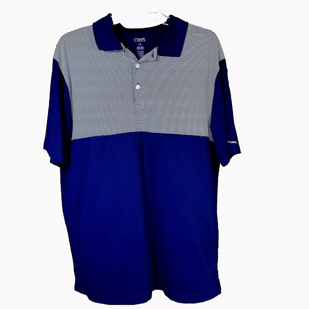Chaps Golf Mens Short Sleeve Polyester/Spandex Navy Blue Stripe Polo Shirt Large